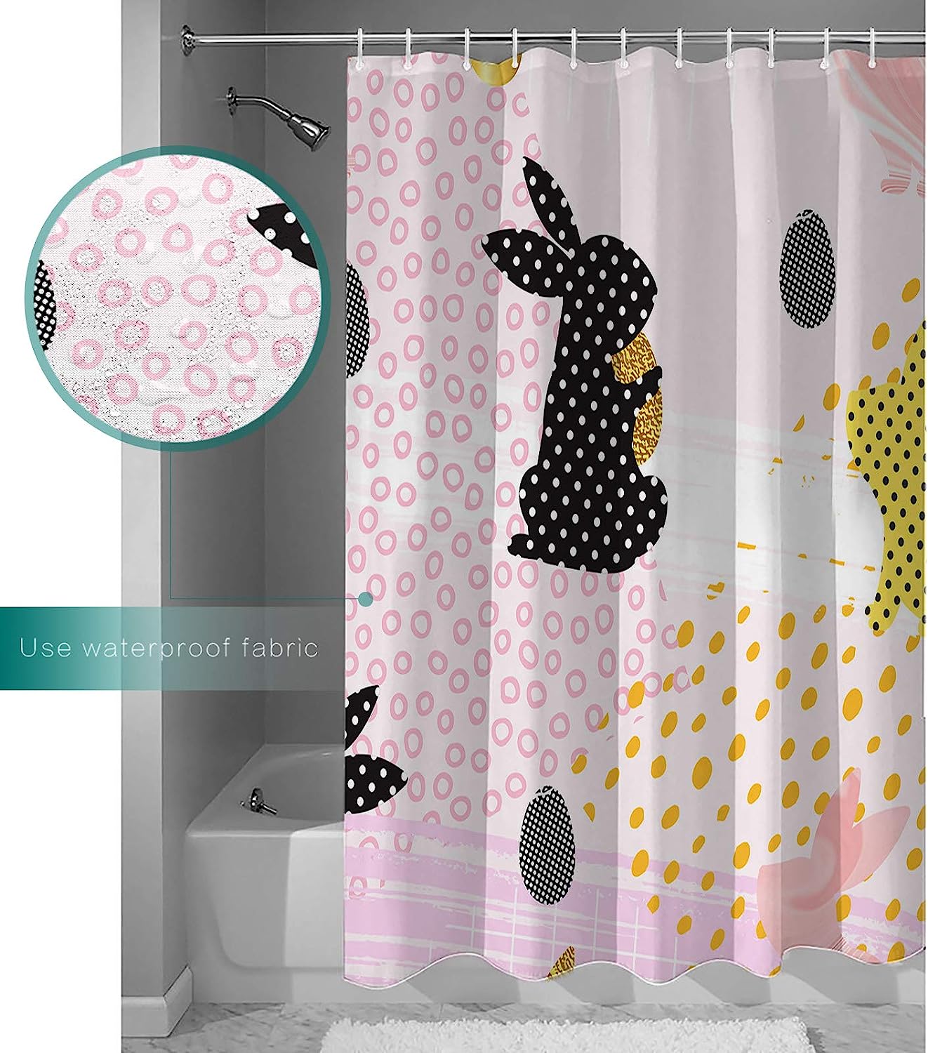 Easter Day Bunny Egg Silhouettes Shower Curtain Waterproof Fabric Decor For Bathroom Black Pink