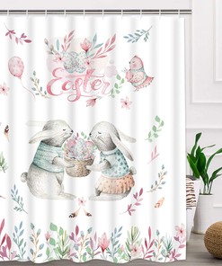 Easter Day Shower Curtain With Cute Rabbits And Easter Eggs Vintage Bathroom Shower Curtains Print