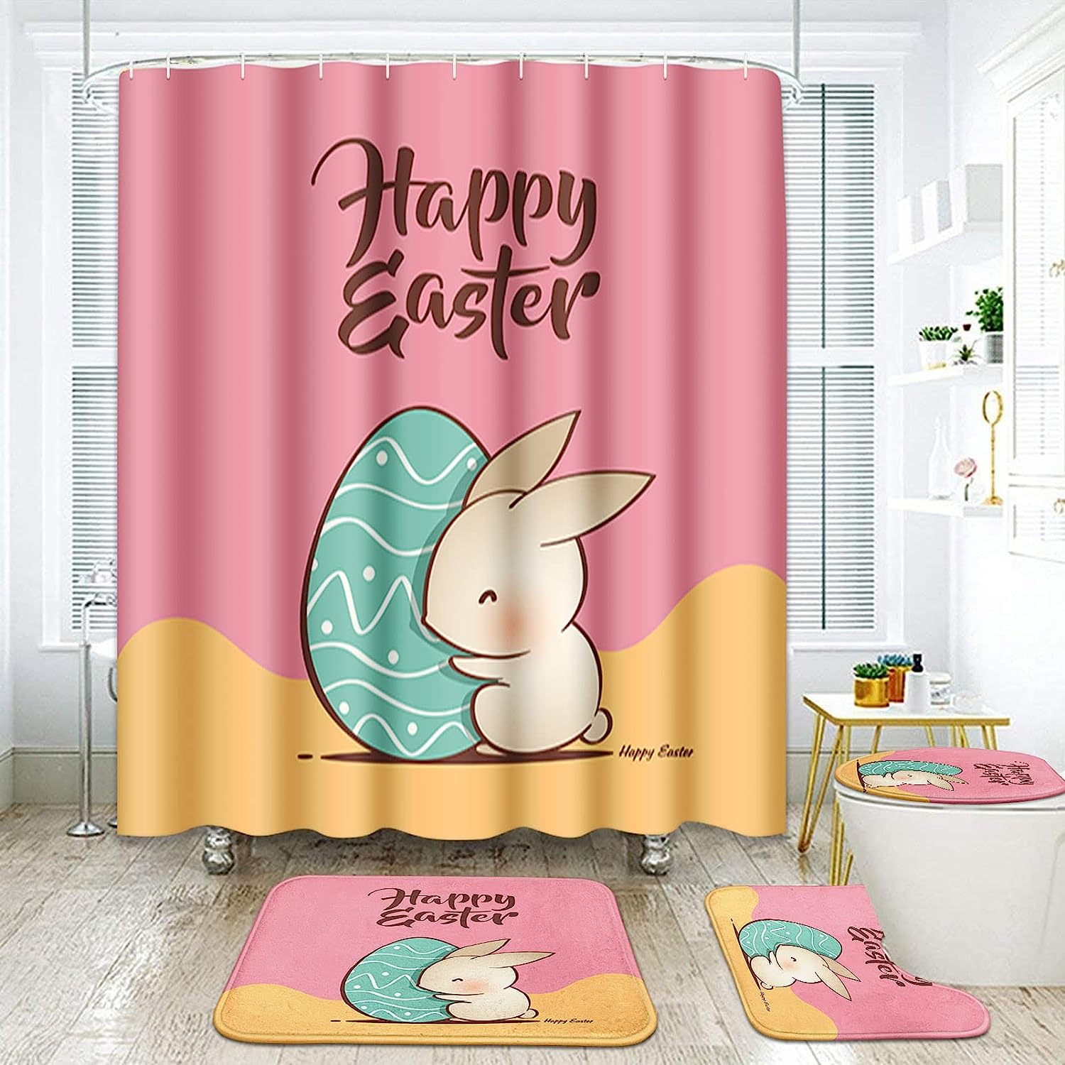 Easter Egg And Cute Rabbit Yellow Shower Curtain And Beautiful Shower Curtain Designs