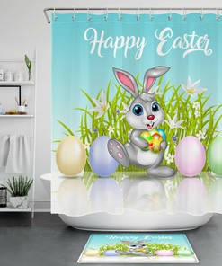 Easter Egg Bunny Cute Cartoon Flower Shower Curtain and Bathroom Decoration Set