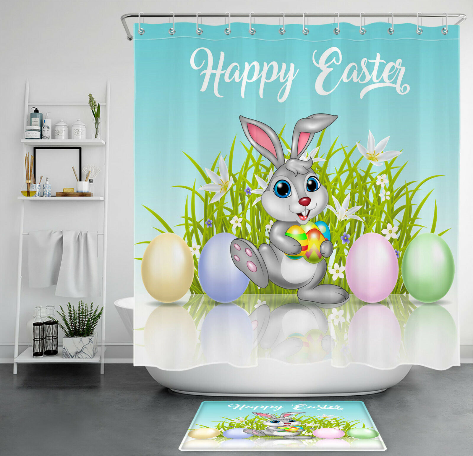 Easter Egg Bunny Cute Cartoon Flower Shower Curtain and Bathroom Decoration Set