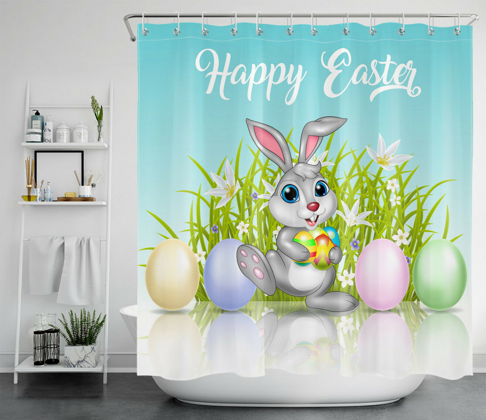Easter Egg Bunny Cute Cartoon Flower Shower Curtain and Bathroom Decoration Set