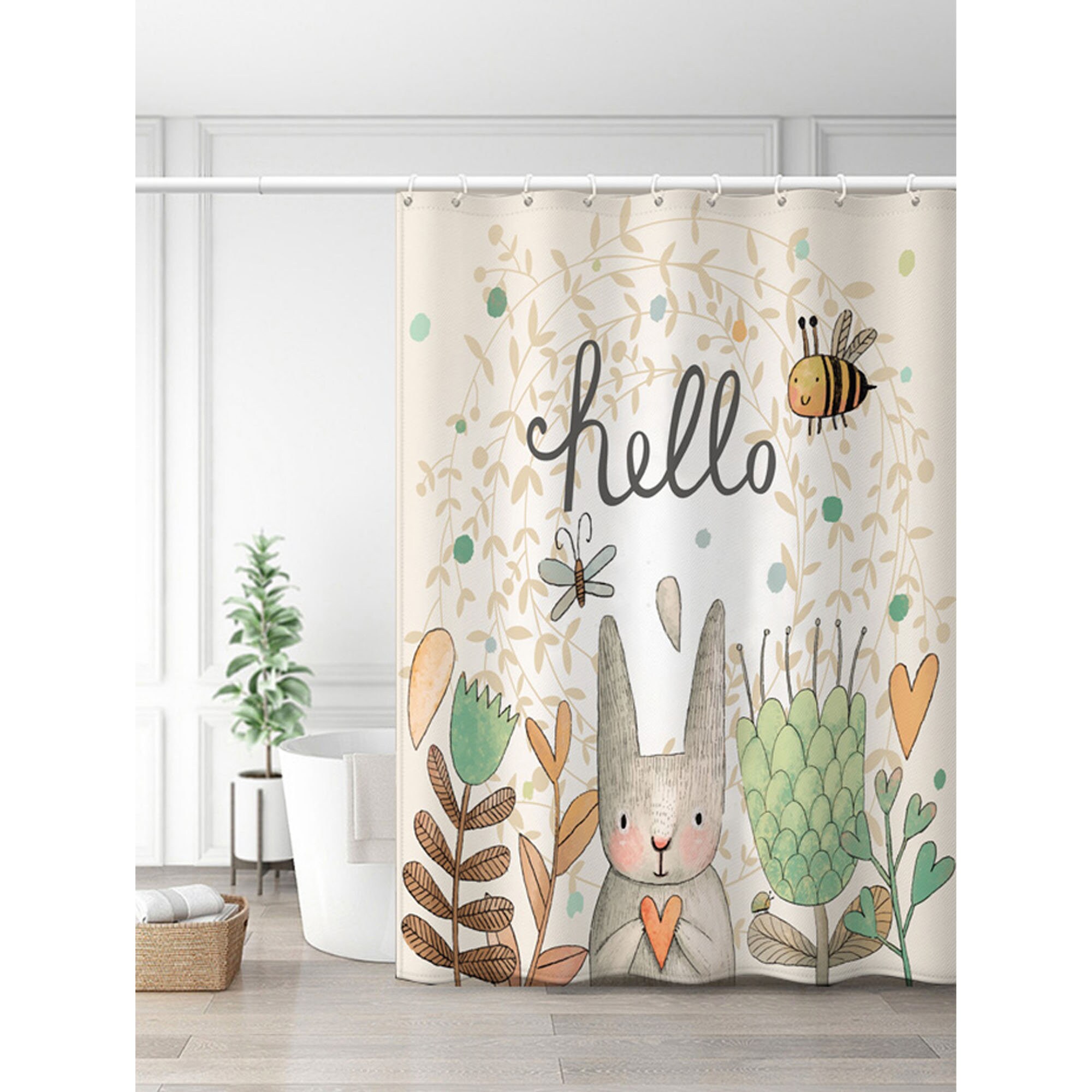 Easter Egg Daisy Floral Shower Curtain - Green Grass Wood Fence Bathroom Accessories