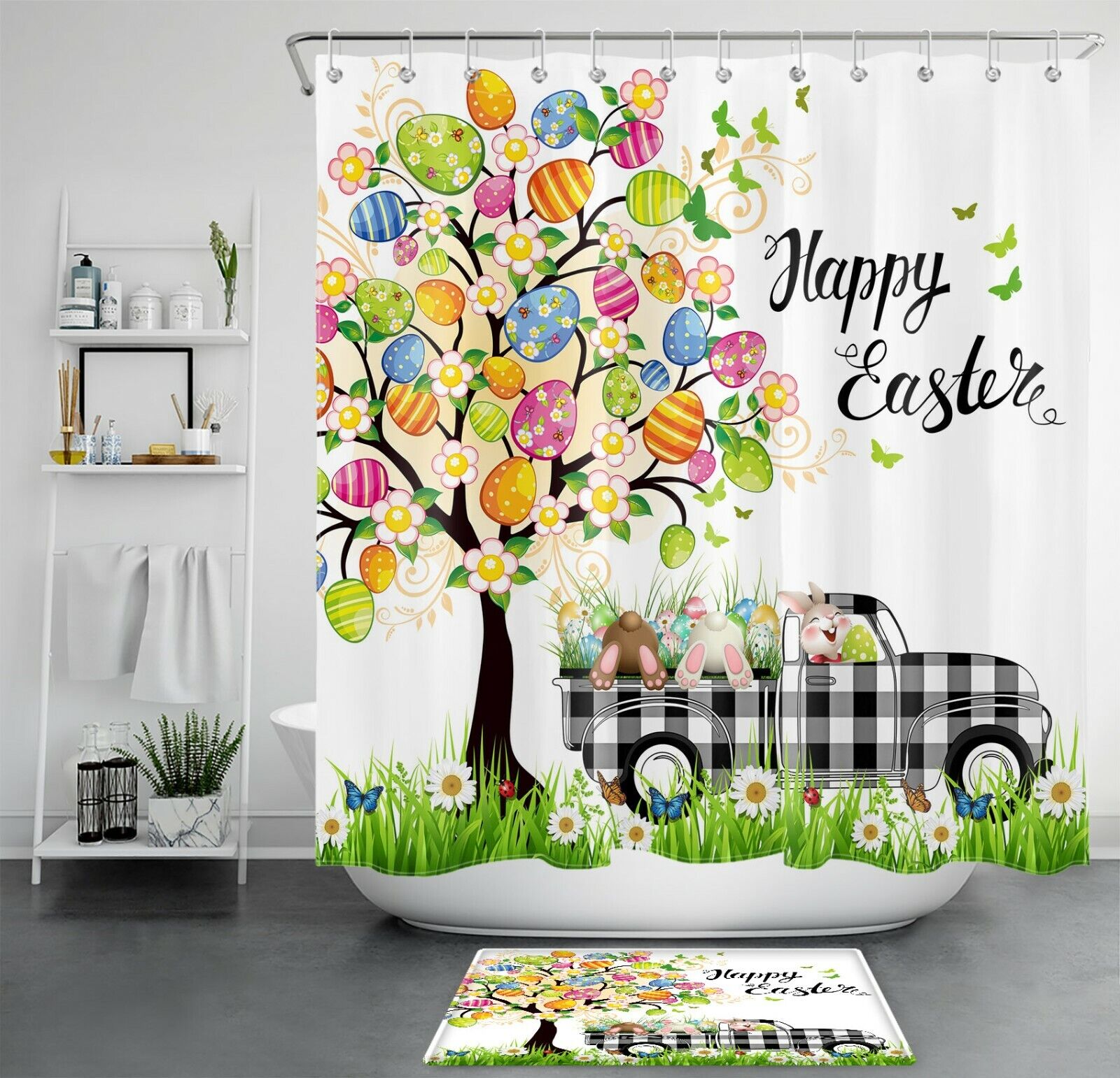 Easter Eggs Abstract Colorful Lines Shower Curtain - Adorable Bathroom Decor