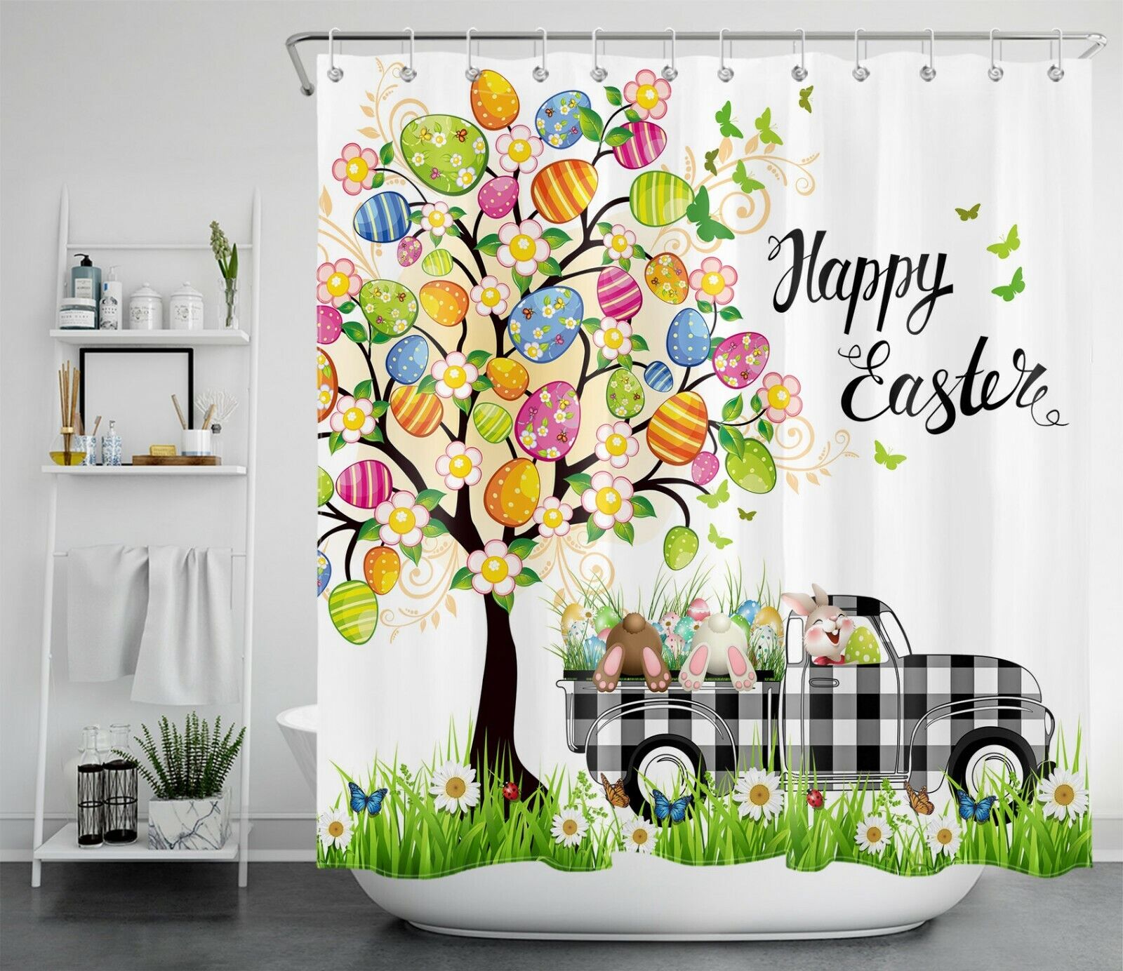 Easter Eggs Abstract Colorful Lines Shower Curtain - Adorable Bathroom Decor