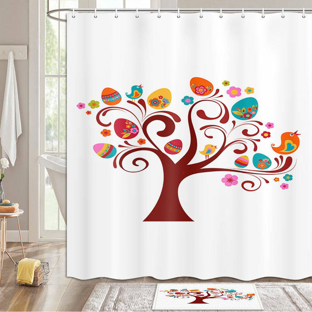 Easter Eggs And Birds Curtain Fabric with Hooks for Bathroom Decor