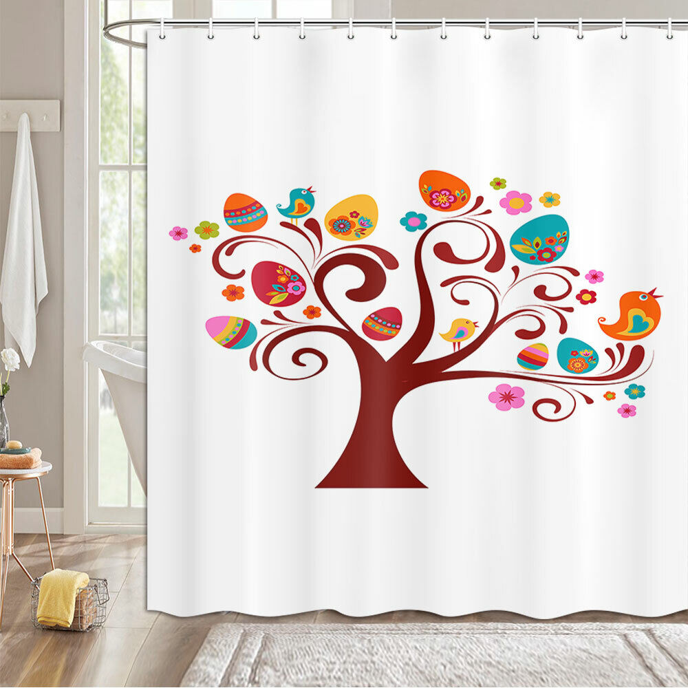 Easter Eggs And Birds Curtain Fabric with Hooks for Bathroom Decor