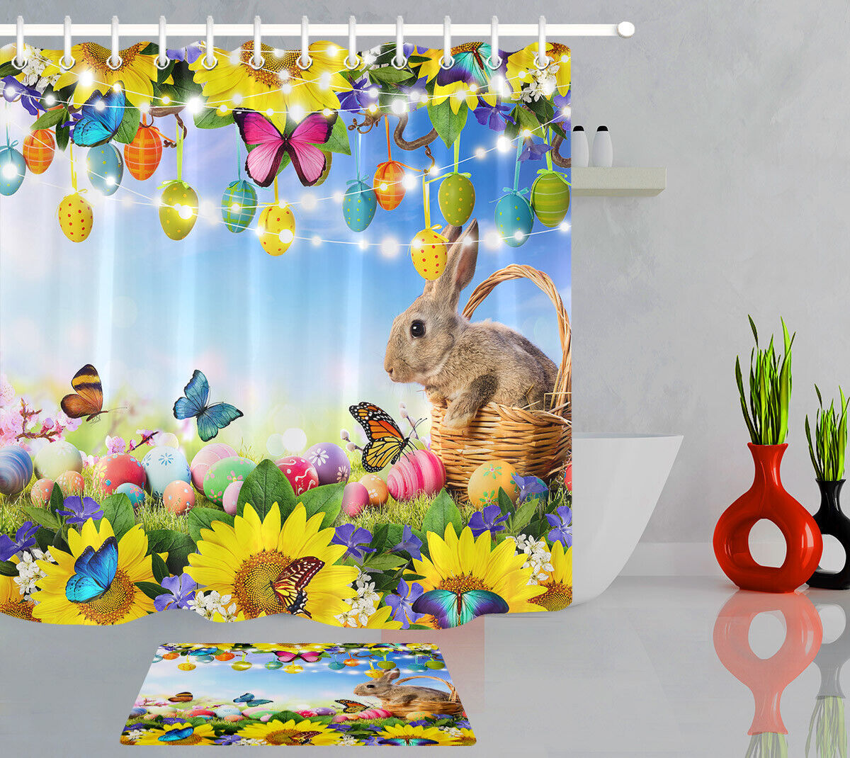 Easter Eggs And Bunny Floral Shower Curtain For Bathroom Decor