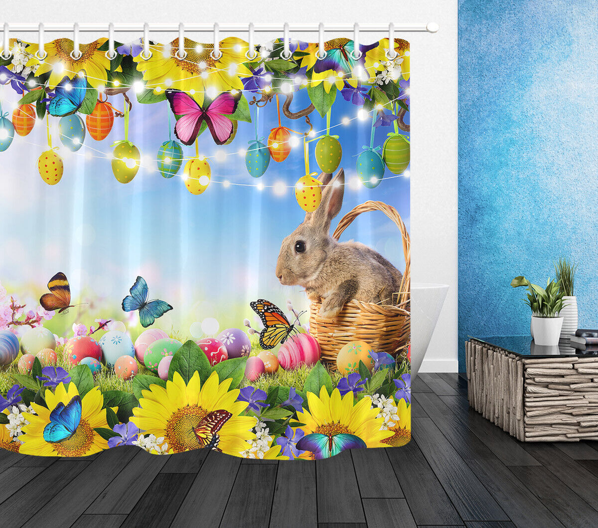 Easter Eggs And Bunny Floral Shower Curtain For Bathroom Decor