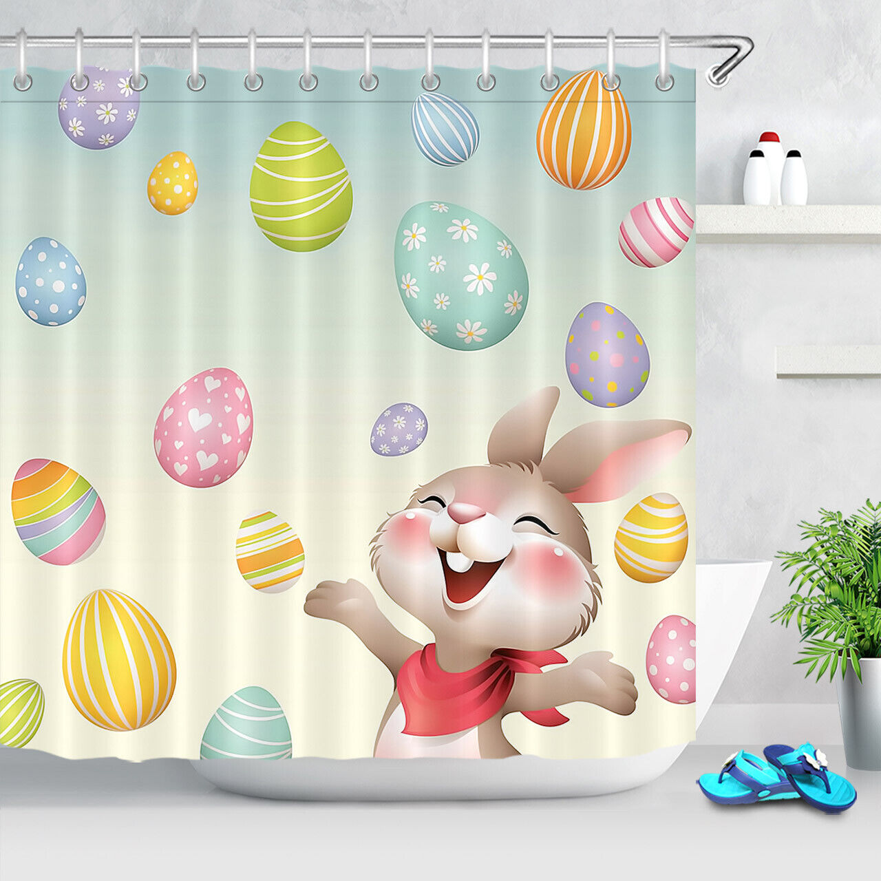 Easter Eggs And Cartoon Rabbit Printed Shower Curtain For Bathroom Decor - Image 2
