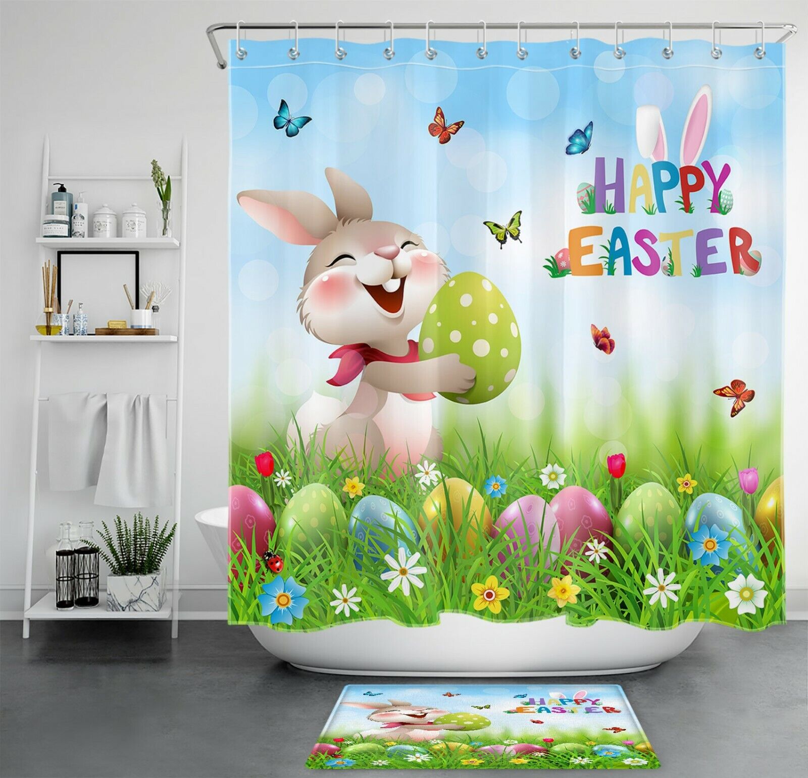 Easter Eggs Butterfly Flower Cute Bunny Shower Curtain For Bathroom