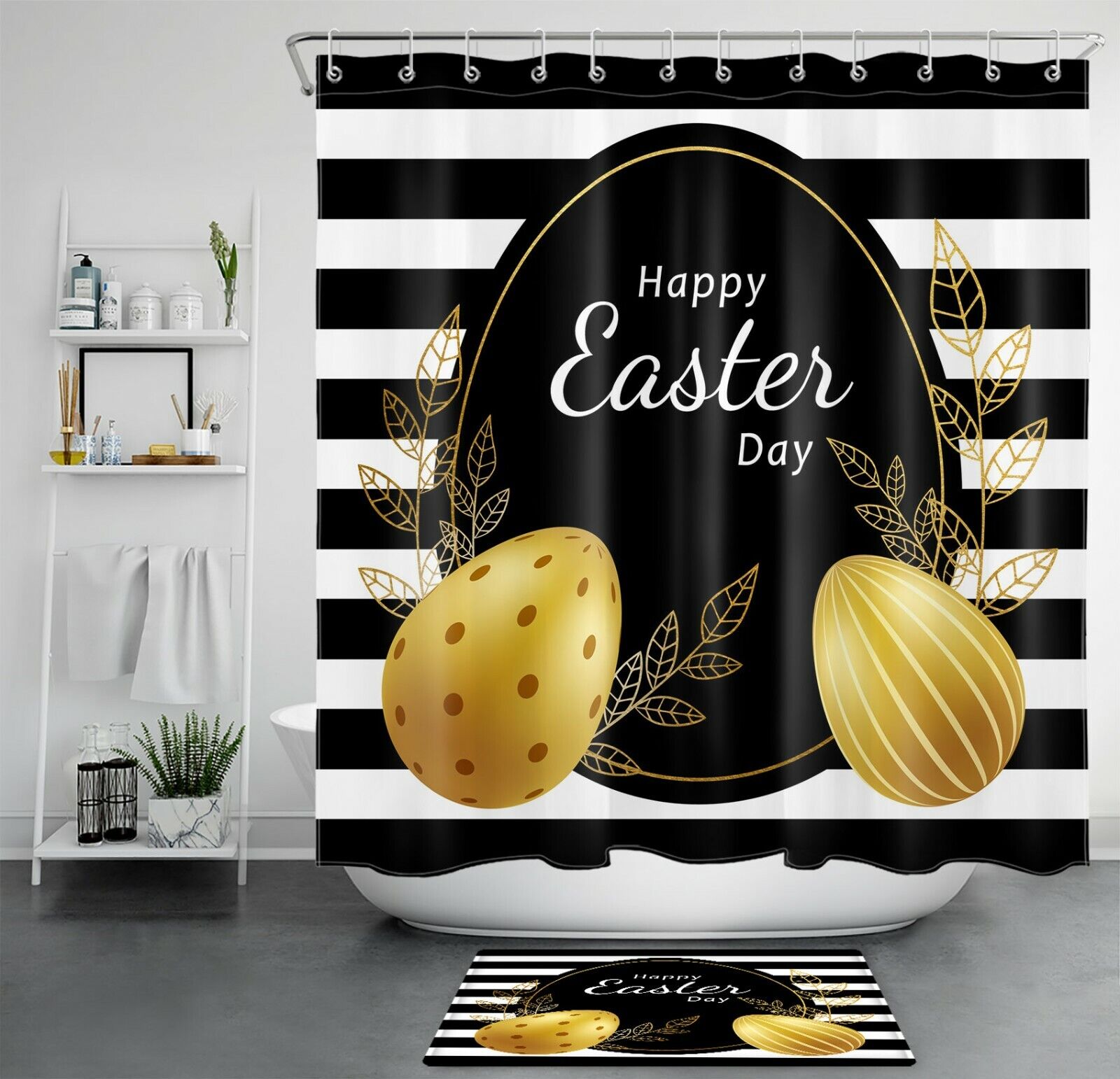 Easter Eggs Daisy Feather Shower Curtain - Blue Flower Bathroom Decor