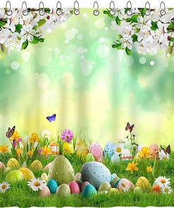 Easter Eggs Floral Print Shower Curtain with Spring Flowers and Butterfly Design for Bathroom Decor