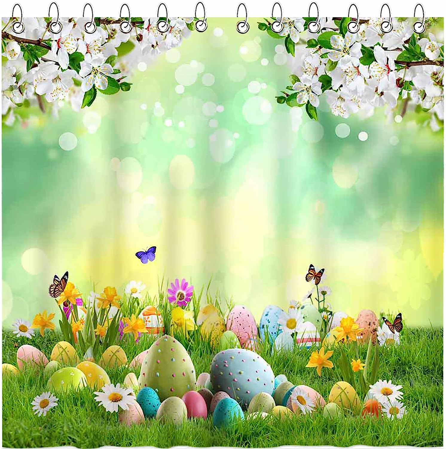 Easter Eggs Floral Print Shower Curtain with Spring Flowers and Butterfly Design for Bathroom Decor