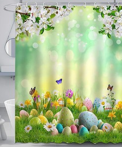 Easter Eggs Floral Print Shower Curtain with Spring Flowers and Butterfly Design for Bathroom Decor