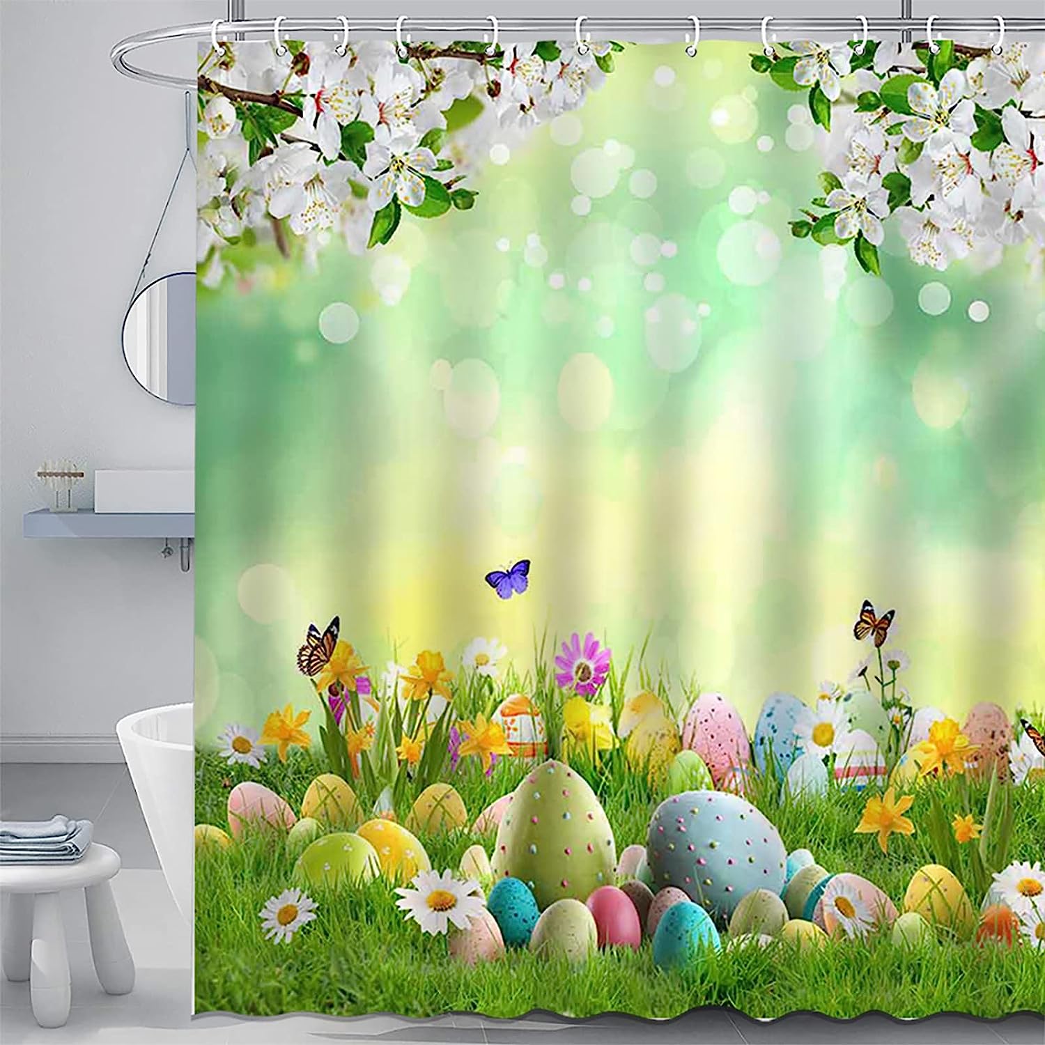 Easter Eggs Floral Print Shower Curtain with Spring Flowers and Butterfly Design for Bathroom Decor