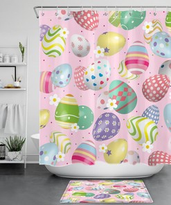 Easter Eggs Flower Pattern on Pink Shower Curtain for Spring Bathroom 