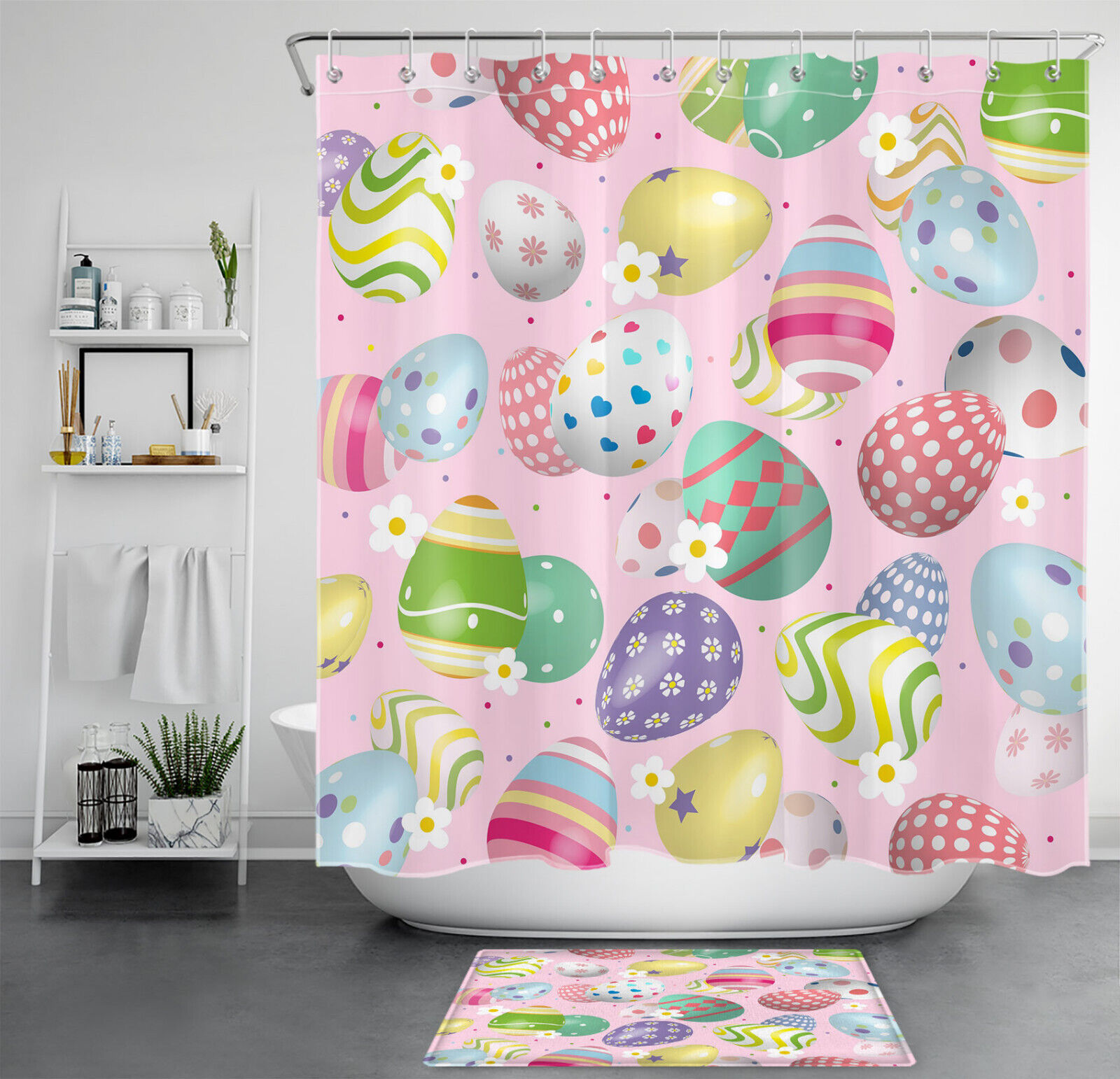 Easter Eggs Flower Pattern on Pink Shower Curtain for Spring Bathroom