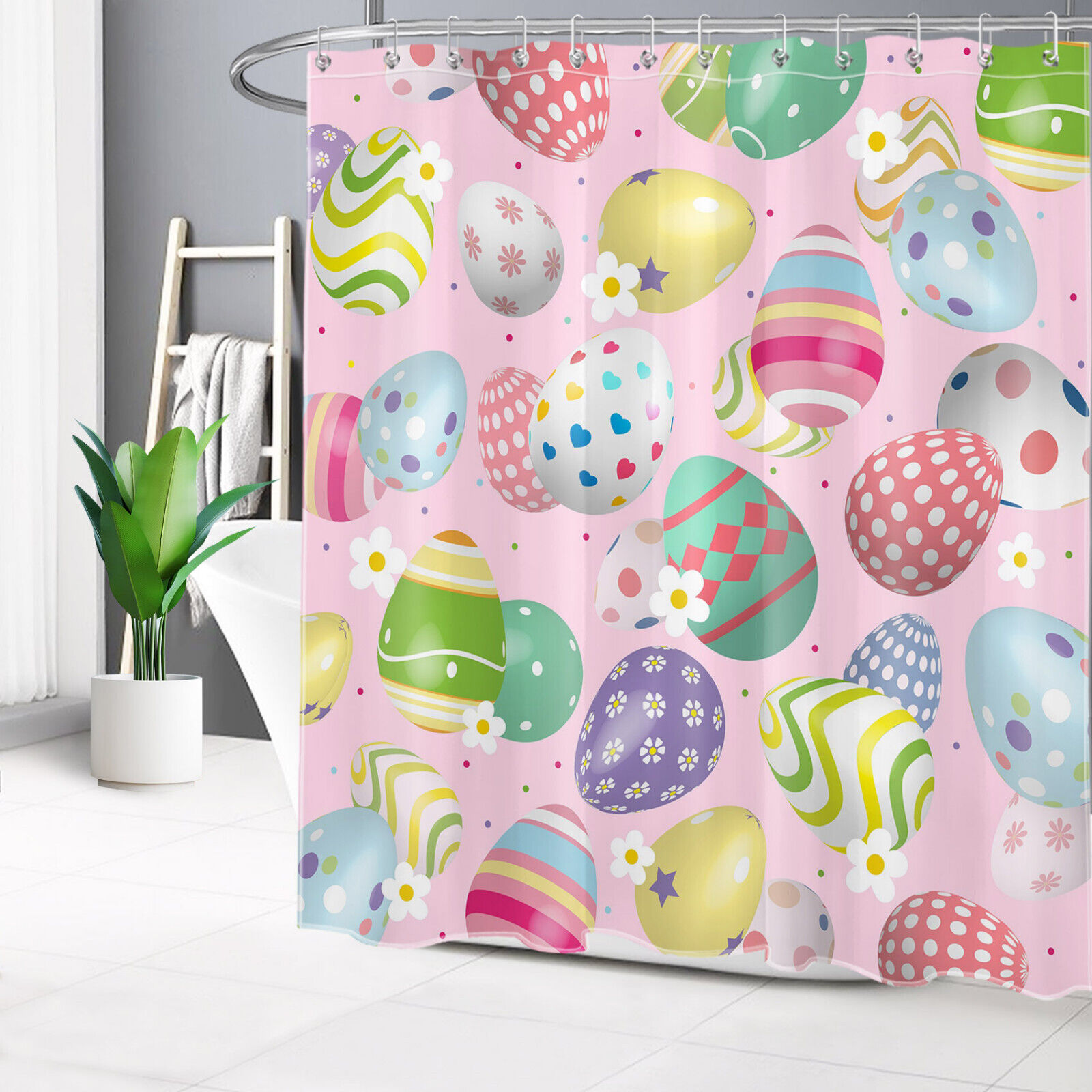 Easter Eggs Flower Pattern on Pink Shower Curtain for Spring Bathroom