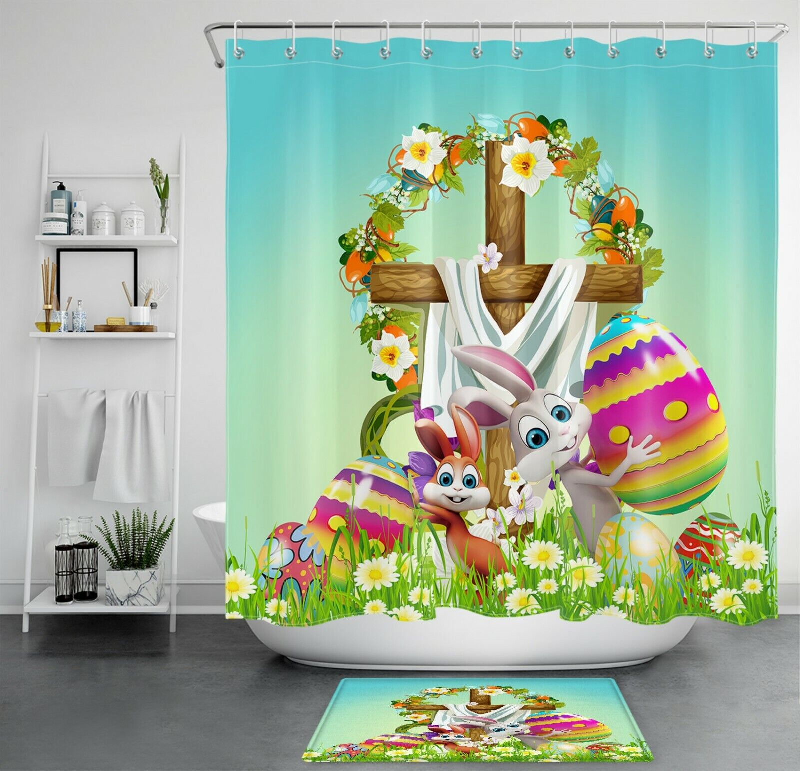 Easter Eggs & Garland Shower Curtain - Festive Bathroom Decor