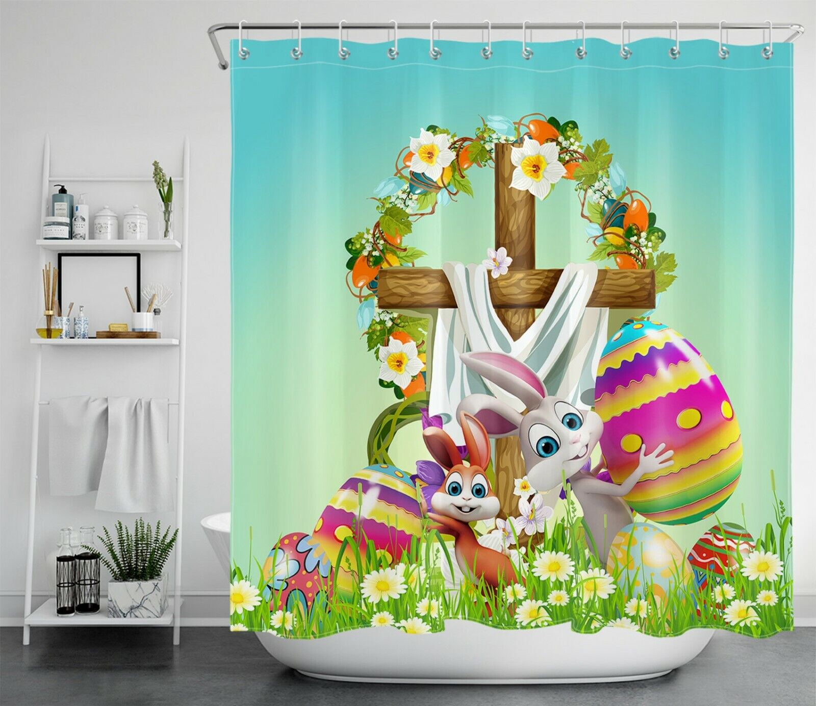Easter Eggs & Garland Shower Curtain - Festive Bathroom Decor