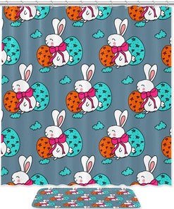 Easter Eggs Gray Shower Curtain With Rabbit Design