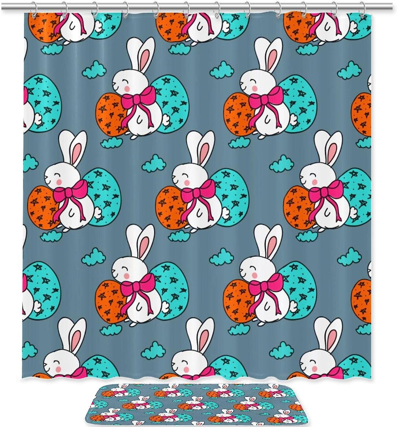 Easter Eggs Gray Shower Curtain With Rabbit Design
