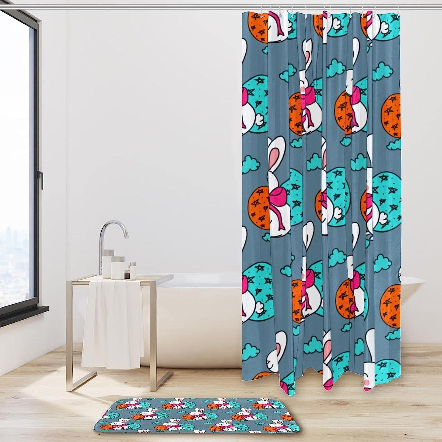 Easter Eggs Gray Shower Curtain With Rabbit Design