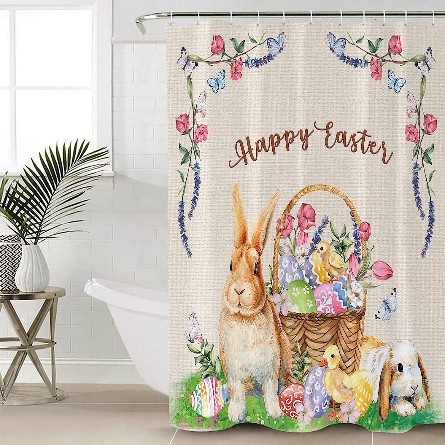 Easter Eggs Rabbit Flowers Retro Texture Shower Curtain for Farmhouse Bathroom Decor