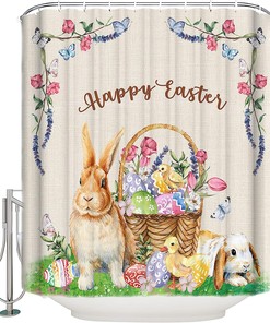 Easter Eggs Rabbit Flowers Retro Texture Shower Curtain for Farmhouse Bathroom Decor