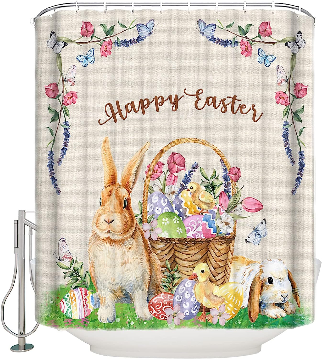 Easter Eggs Rabbit Flowers Retro Texture Shower Curtain for Farmhouse Bathroom Decor