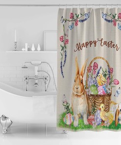Easter Eggs Rabbit Flowers Retro Texture Shower Curtain for Farmhouse Bathroom Decor