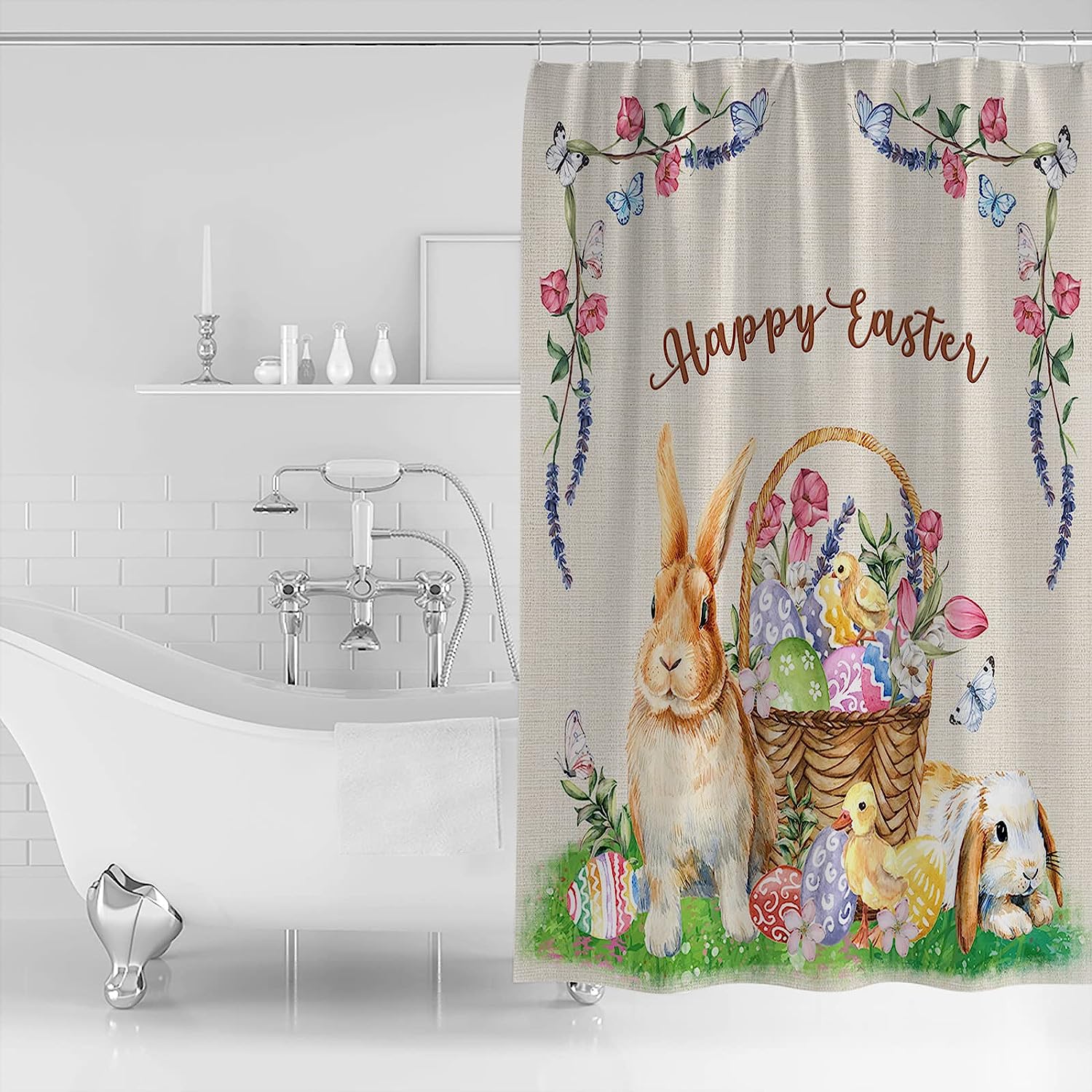 Easter Eggs Rabbit Flowers Retro Texture Shower Curtain for Farmhouse Bathroom Decor