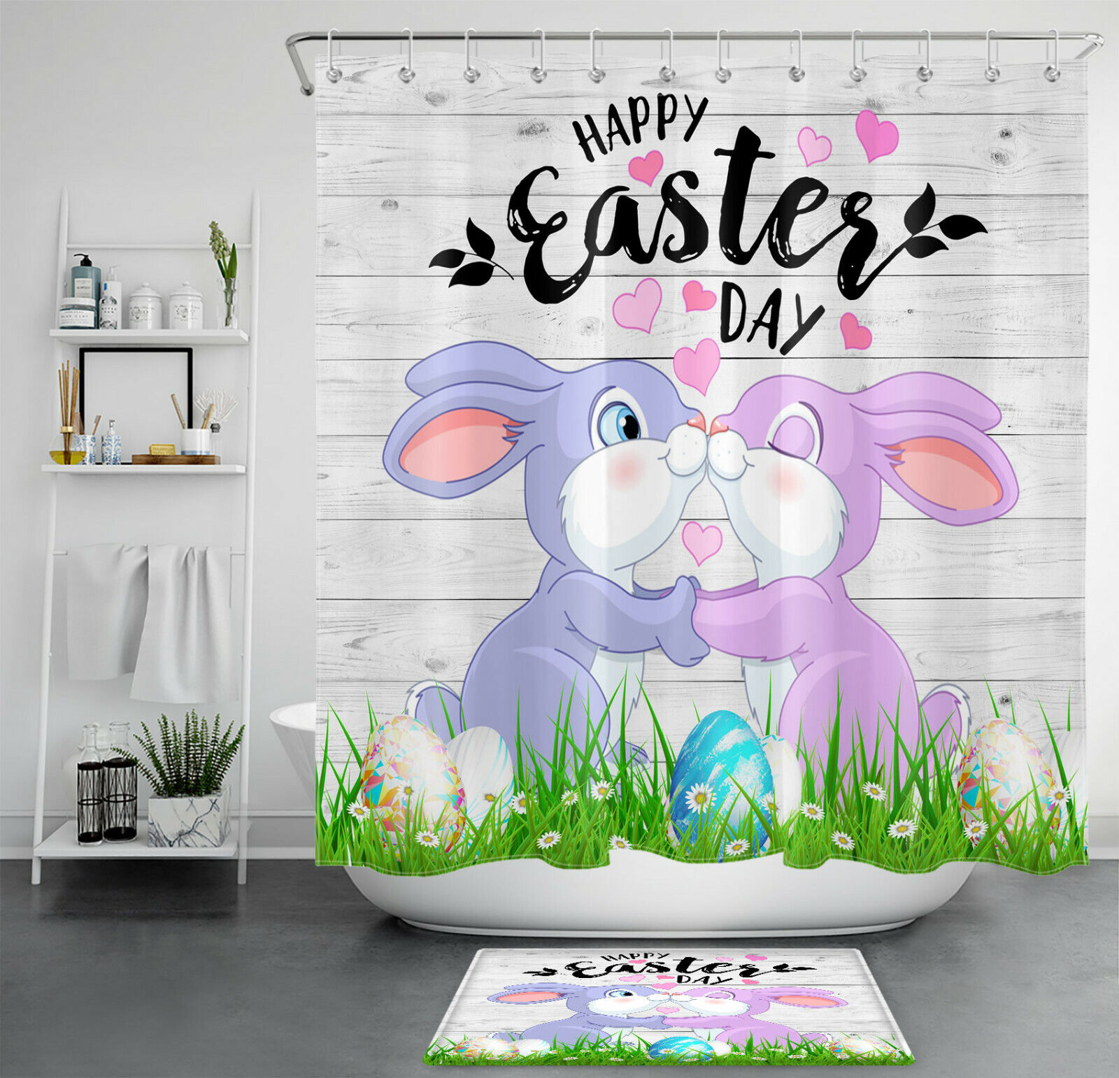 Easter Eggs Watercolor Flowers Shower Curtain - Cute Spring Bathroom Decor