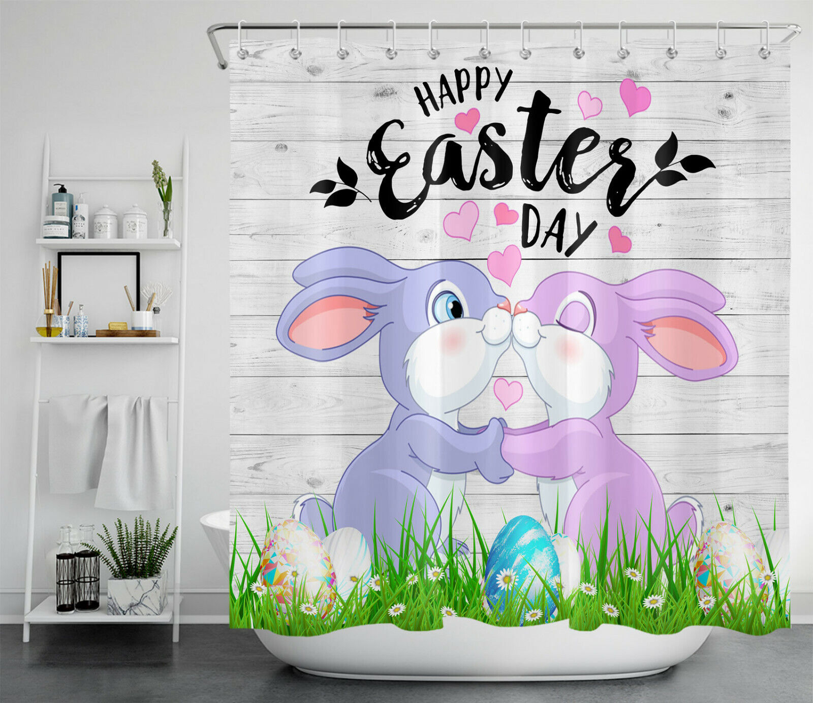 Easter Eggs Watercolor Flowers Shower Curtain - Cute Spring Bathroom Decor