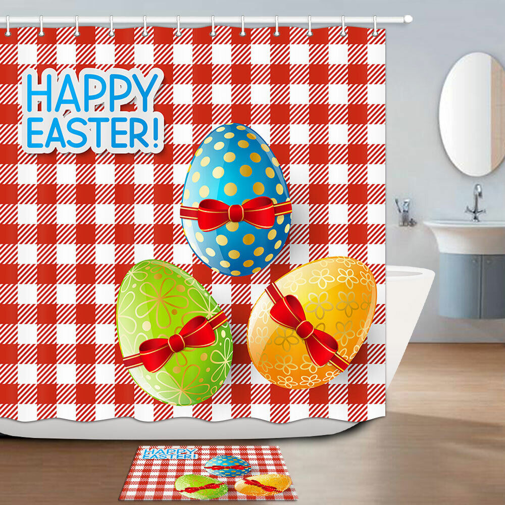 Easter Eggs and Red Squares Pattern Shower Curtain for Bathroom Decor