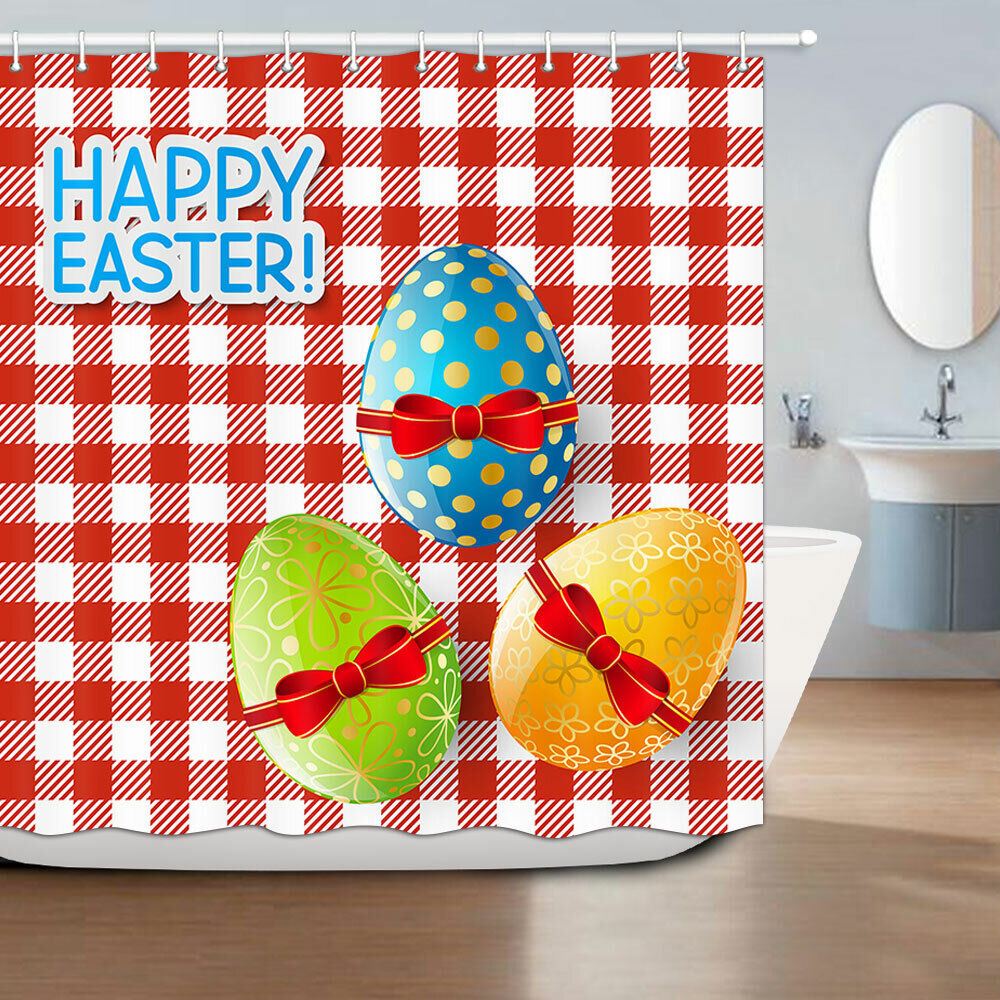 Easter Eggs and Red Squares Pattern Shower Curtain for Bathroom Decor