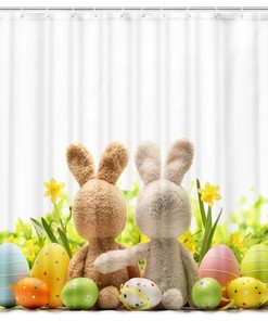 Easter Fabric Shower Curtain with Stuffed Rabbits and Eggs, Waterproof Bath Decor