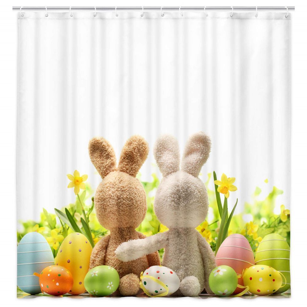 Easter Fabric Shower Curtain with Stuffed Rabbits and Eggs, Waterproof Bath Decor