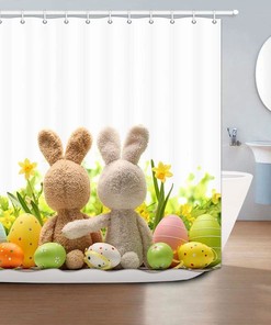 Easter Fabric Shower Curtain with Stuffed Rabbits and Eggs, Waterproof Bath Decor