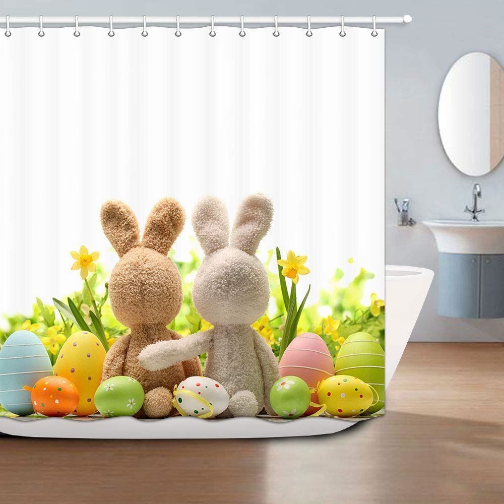 Easter Fabric Shower Curtain with Stuffed Rabbits and Eggs, Waterproof Bath Decor