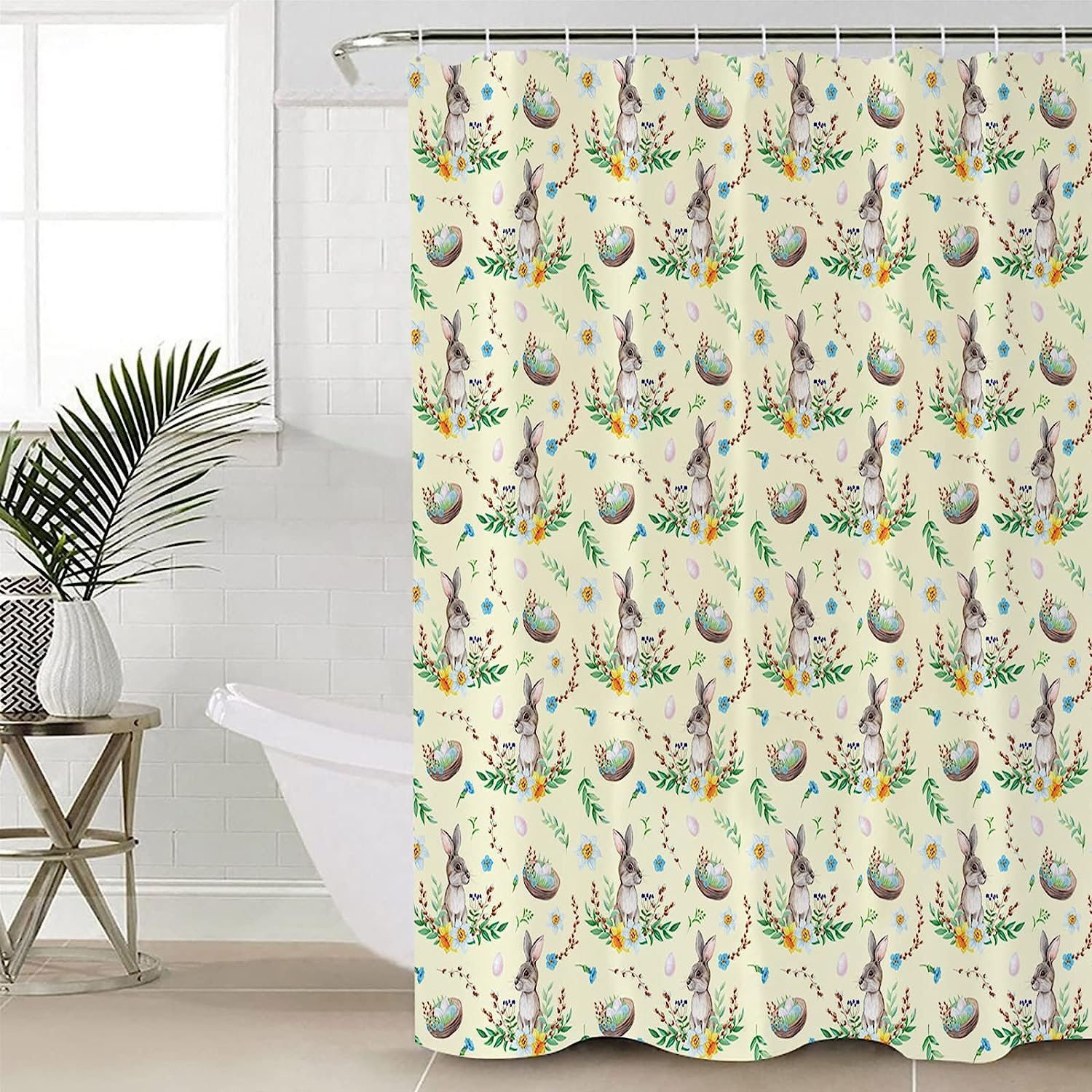 Easter Farmhouse Rabbit Eggs Floral Pattern Shower Curtain for Bathroom Decor