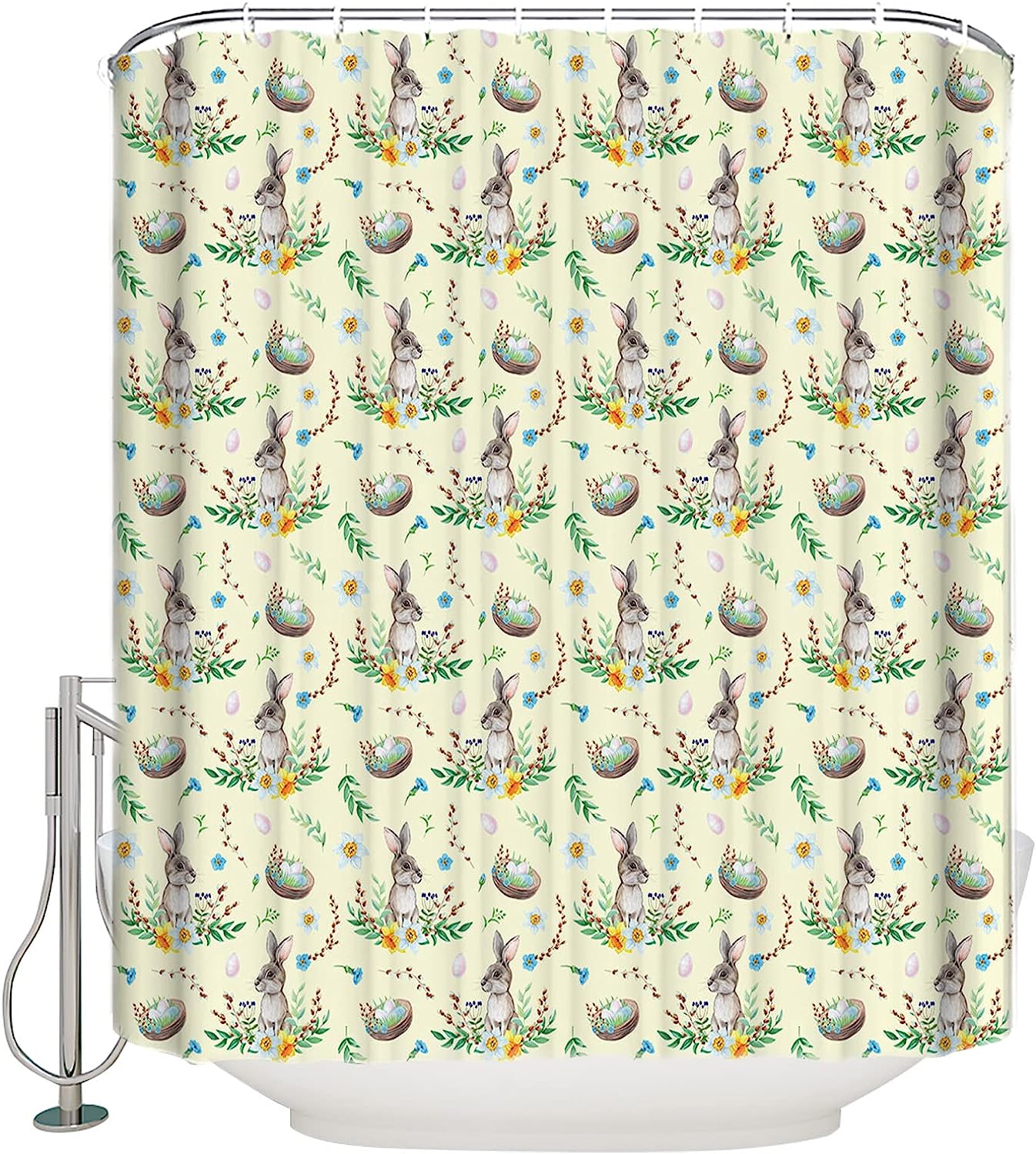 Easter Farmhouse Rabbit Eggs Floral Pattern Shower Curtain for Bathroom Decor