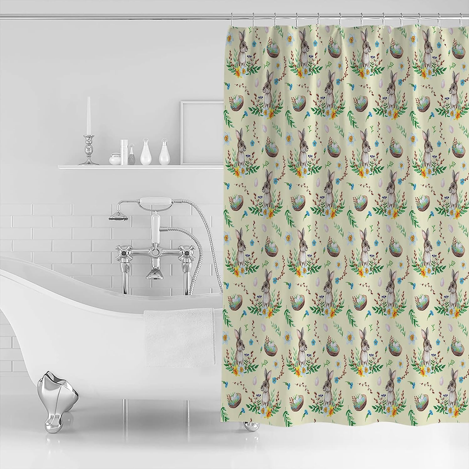 Easter Farmhouse Rabbit Eggs Floral Pattern Shower Curtain for Bathroom Decor