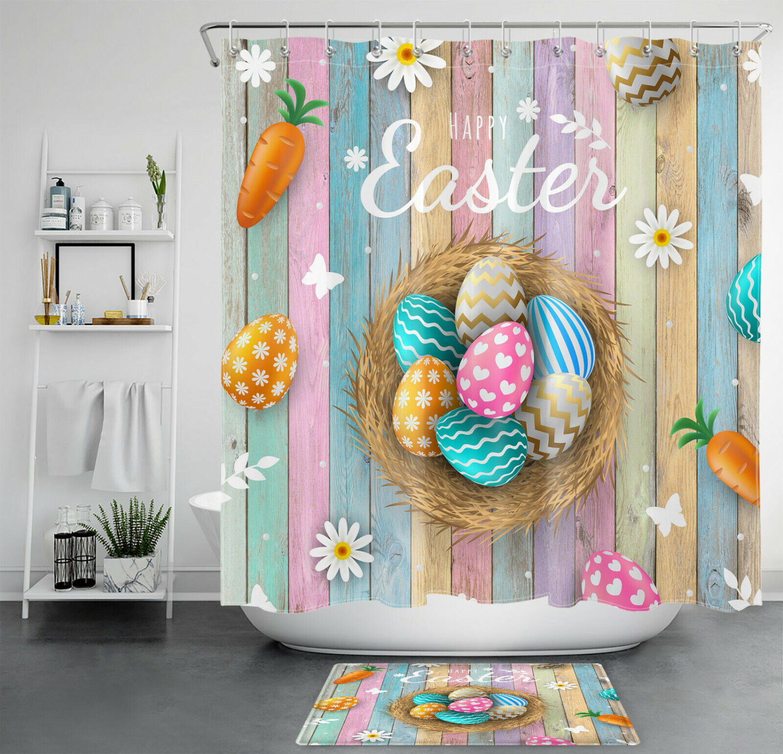 Easter Flowers, Eggs, and Carrots Shower Curtain Bathroom Plank Set for a Spring-Inspired Bathroom
