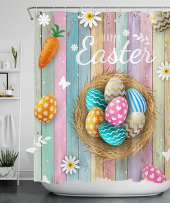 Easter Flowers, Eggs, and Carrots Shower Curtain Bathroom Plank Set for a Spring-Inspired Bathroom