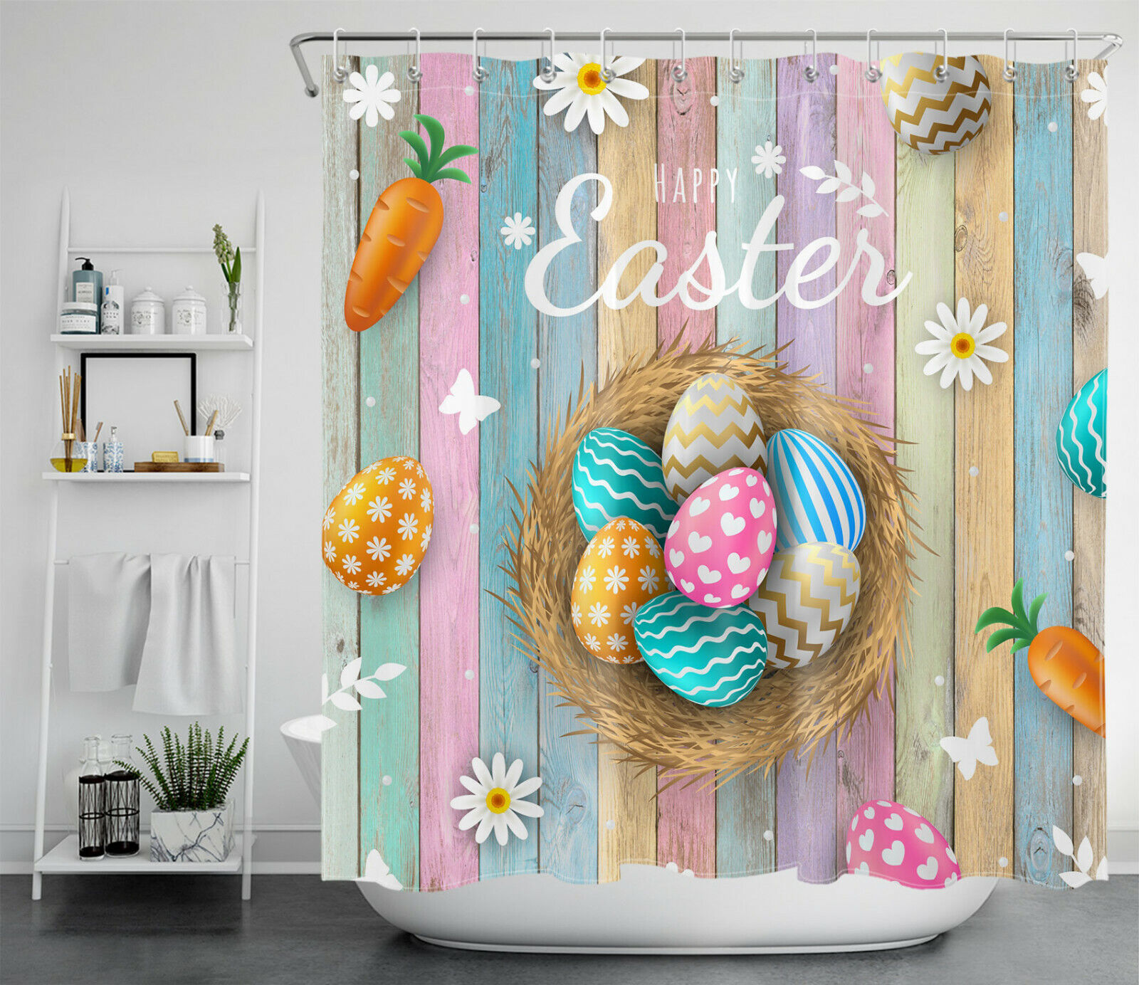 Easter Flowers, Eggs, and Carrots Shower Curtain Bathroom Plank Set for a Spring-Inspired Bathroom