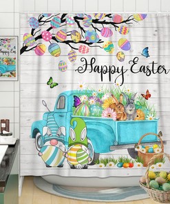 Easter Gnome Bunny Elf Shower Curtain Set for Bathroom, Spring Holiday Fabric with Teal Truck Car Restroom Decor