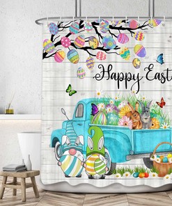 Easter Gnome Bunny Elf Shower Curtain Set for Bathroom, Spring Holiday Fabric with Teal Truck Car Restroom Decor