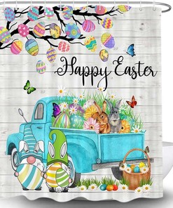 Easter Gnome Bunny Elf Shower Curtain Set for Bathroom, Spring Holiday Fabric with Teal Truck Car Restroom Decor